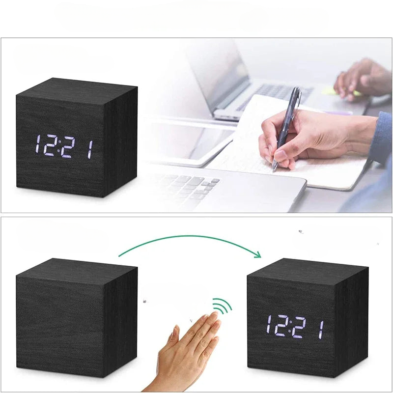 Réveil bois noir cube